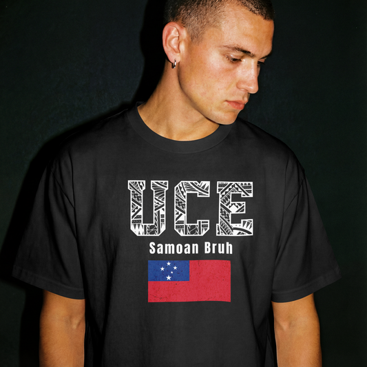 UCE Samoan Bruh Urban Graphic Tee | Modern Samoa Flag Streetwear | Softstyle Tribal Pattern T-Shirt | Pacific Islander Culture Apparel
